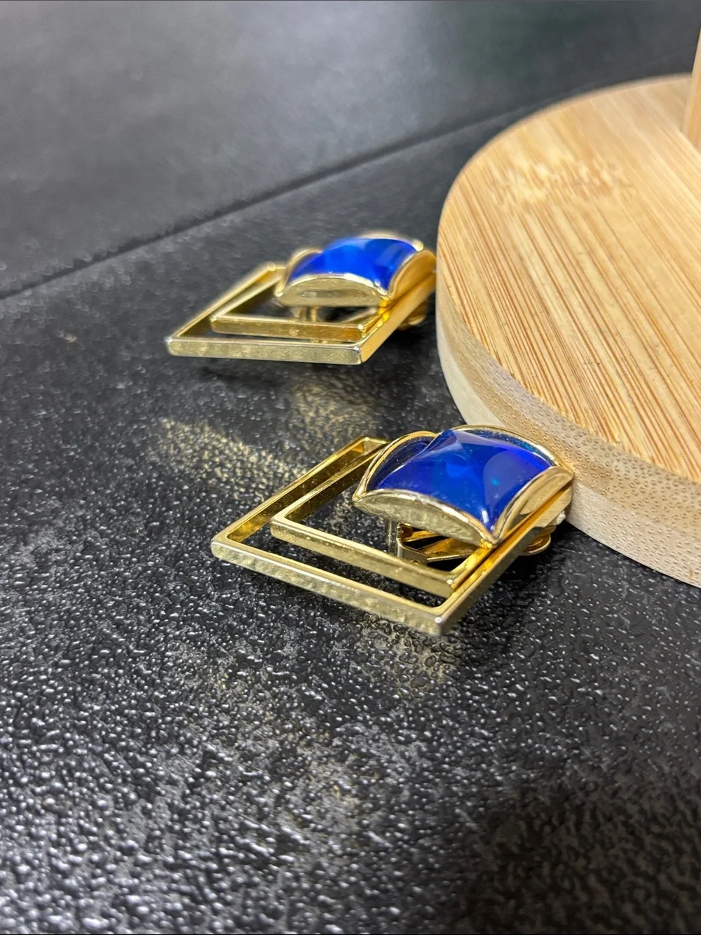 Vintage Fashion Statement Gold Geometric Drop Clip On Earrings Blue Cabochon